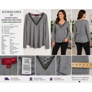 Jennifer Lopez Womens Blouse S Top  Gray Rhinestone Criss Cross V Neck Long SLV